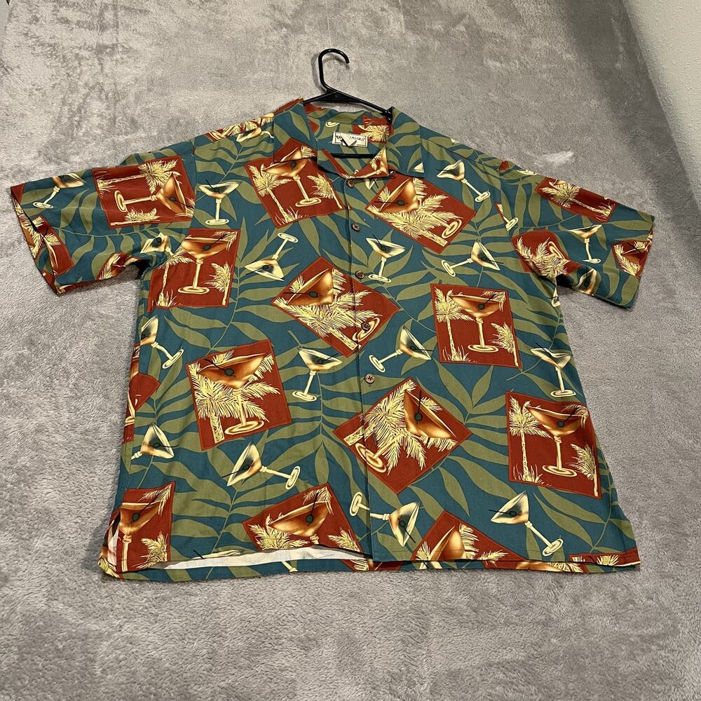 Boca Classics Shirt Mens XL Blue Green Silk Hawaiian Cocktail Print Island Wear